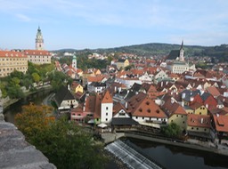Cesky Krumlov with castle round tower in the background