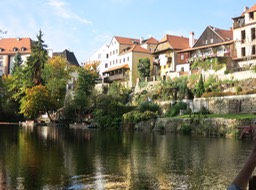 our Chesky Krumlov hotel from the river; balcony is ours